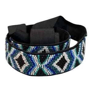 WHBM - Tribal/Chevron-Patterned White/Black/Blue Solid Seed-Beadwork Belt EUC